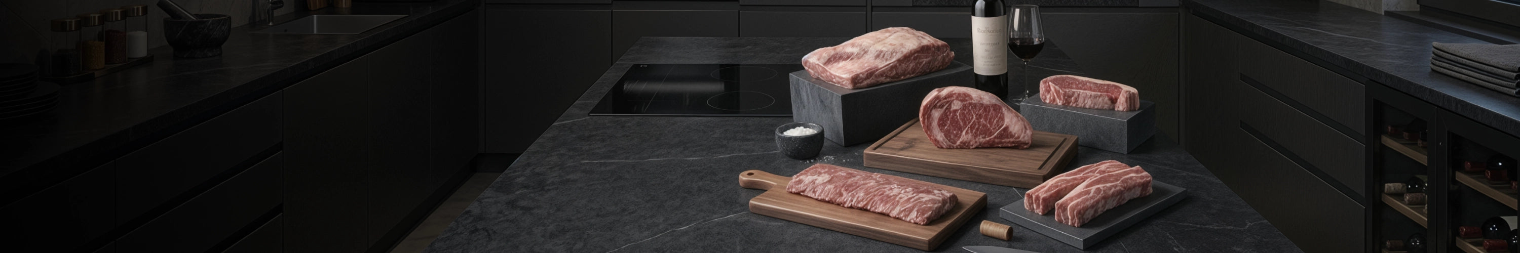 Banner Home Escritorio, con elementos de carne y vino decorados en una mesa de cocina elegante y minimalista