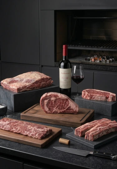 Banner Home Móvil, carnes y vino acompañados en un cocina de color gris estilo minimalista.